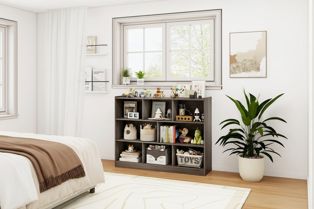 Bookshelf with decorative items in a room with a window and plants