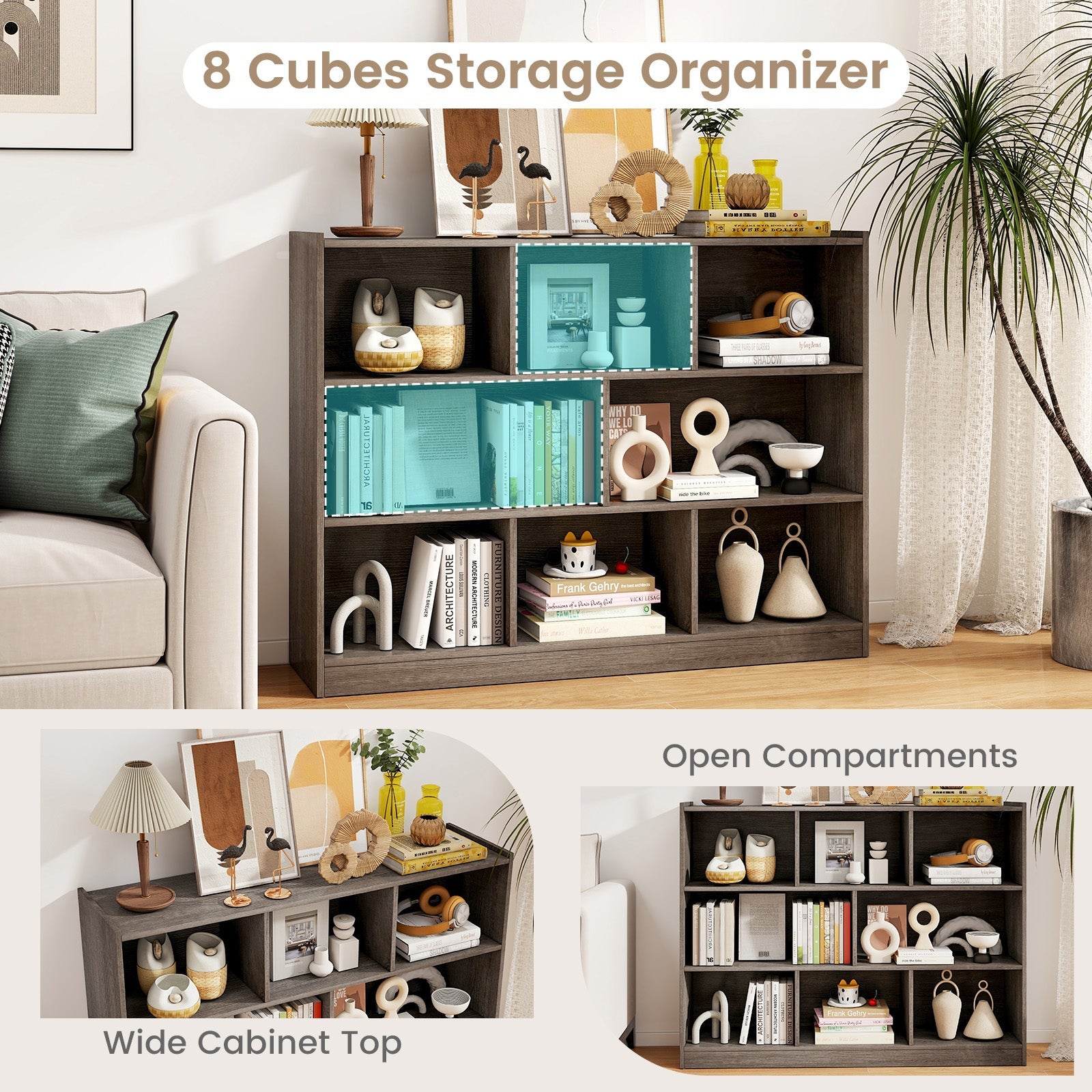 3-Tier Open Bookcase 8-Cube Floor Standing Storage Shelves Display Cabinet-Gray