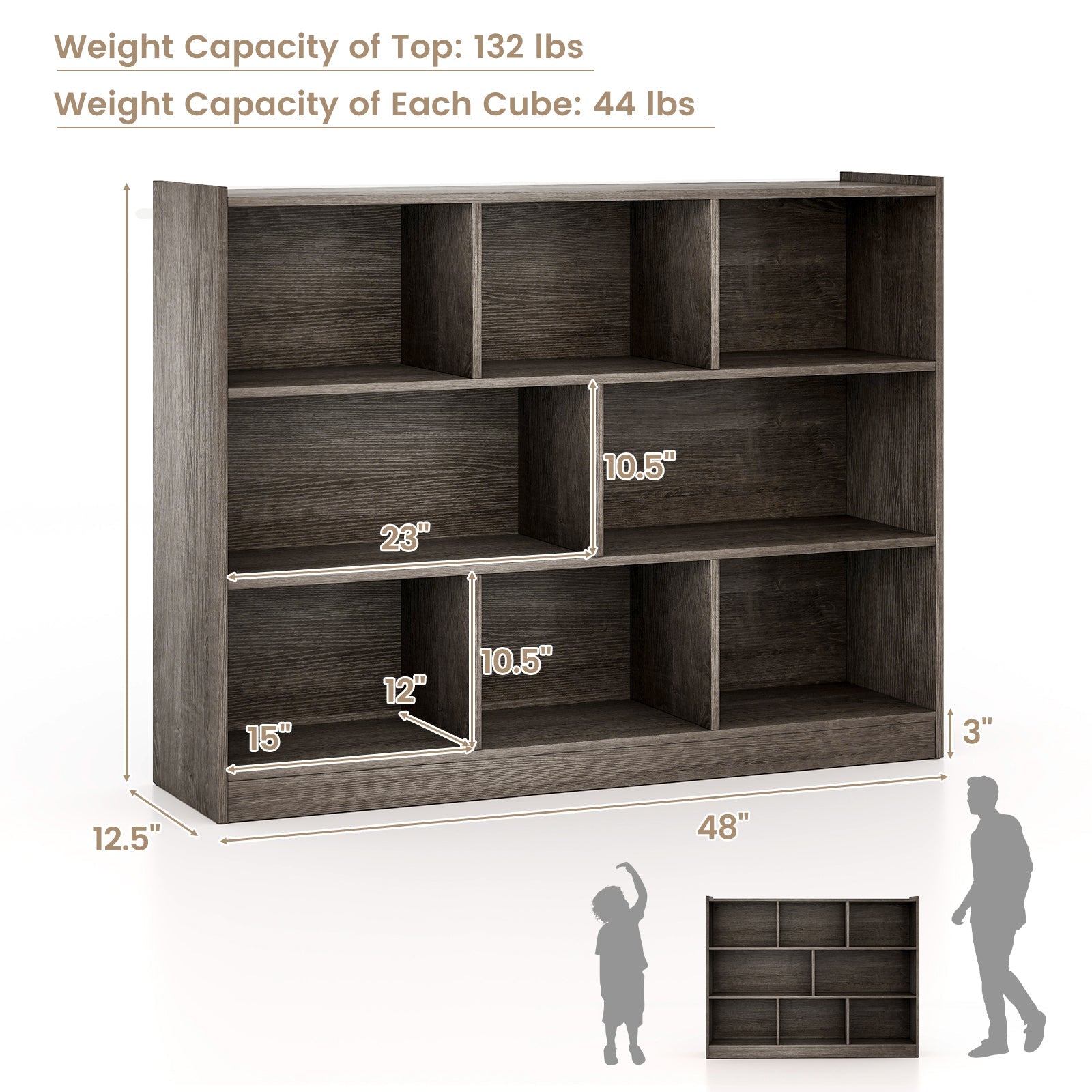 3-Tier Open Bookcase 8-Cube Floor Standing Storage Shelves Display Cabinet-Gray