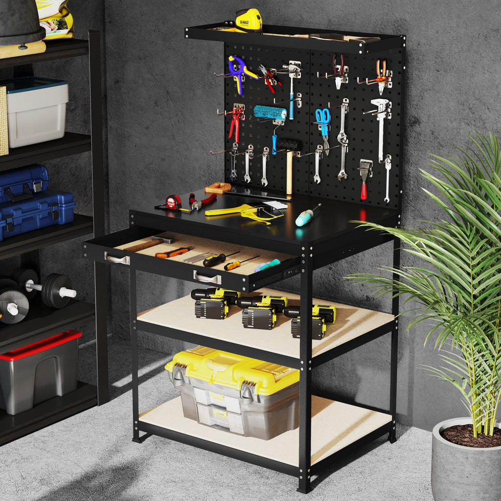 32 x 16 Inch Workbench Work Table with 2 PCs Pegboard Drawer and Shelves-Black