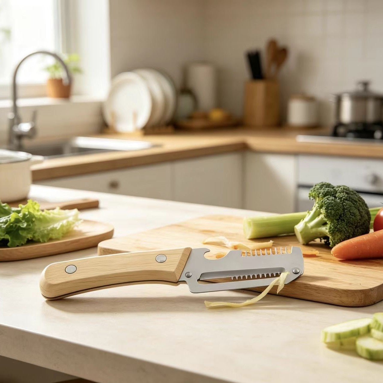 Kitchen Multi-functional Onion and Vegetable Slicer with Wooden Handle, Bottle Opener, Fruit Cutter, Peeler &ndash; 2-in-1 Household Knife Tool