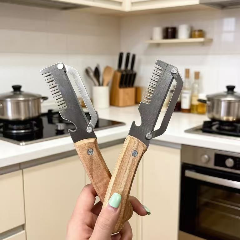 Kitchen Multi-functional Onion and Vegetable Slicer with Wooden Handle, Bottle Opener, Fruit Cutter, Peeler &ndash; 2-in-1 Household Knife Tool