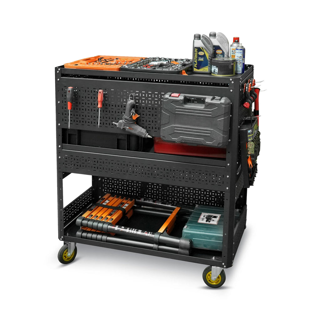 3-Tier Adjustable Rolling Tool Cart | Garage & Workshop Organizer w/ Steel Pegboard
