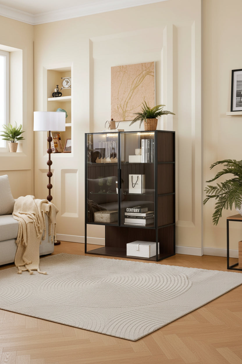 Modern Minimalist 51.2" Tall Lighted Display Cabinet with Tempered Glass