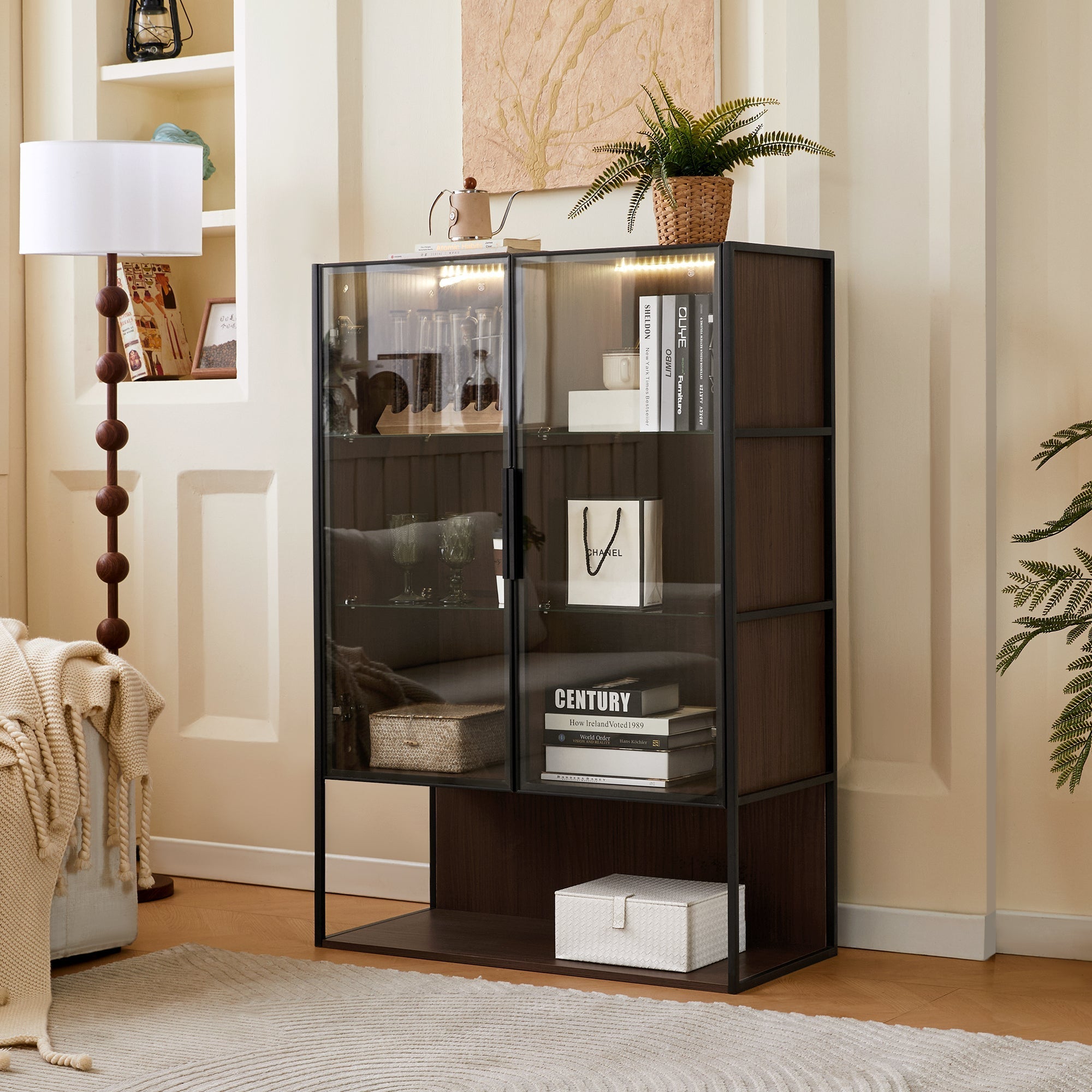 Modern Minimalist 51.2" Tall Lighted Display Cabinet with Tempered Glass