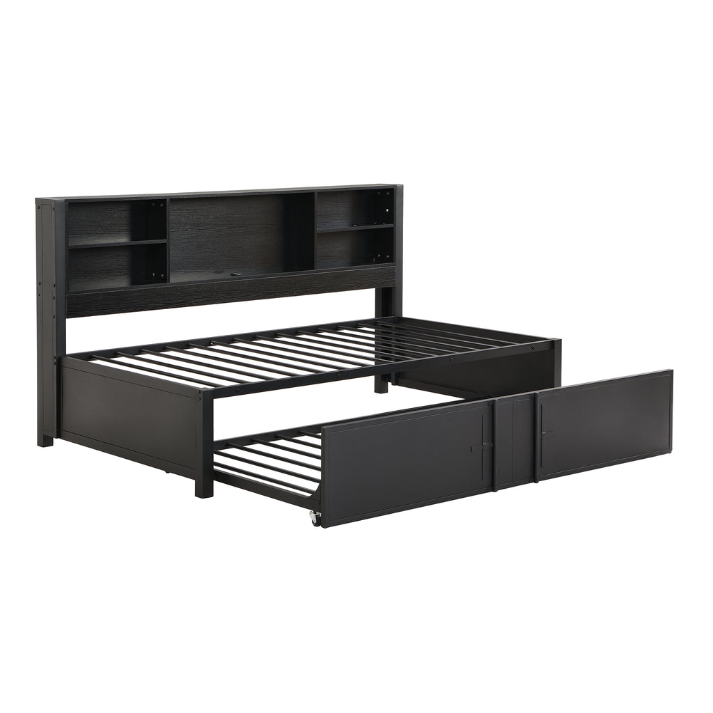 Metal Twin Size Daybed with Twin Size Trundle  Storage Shelves and USB Ports  Black