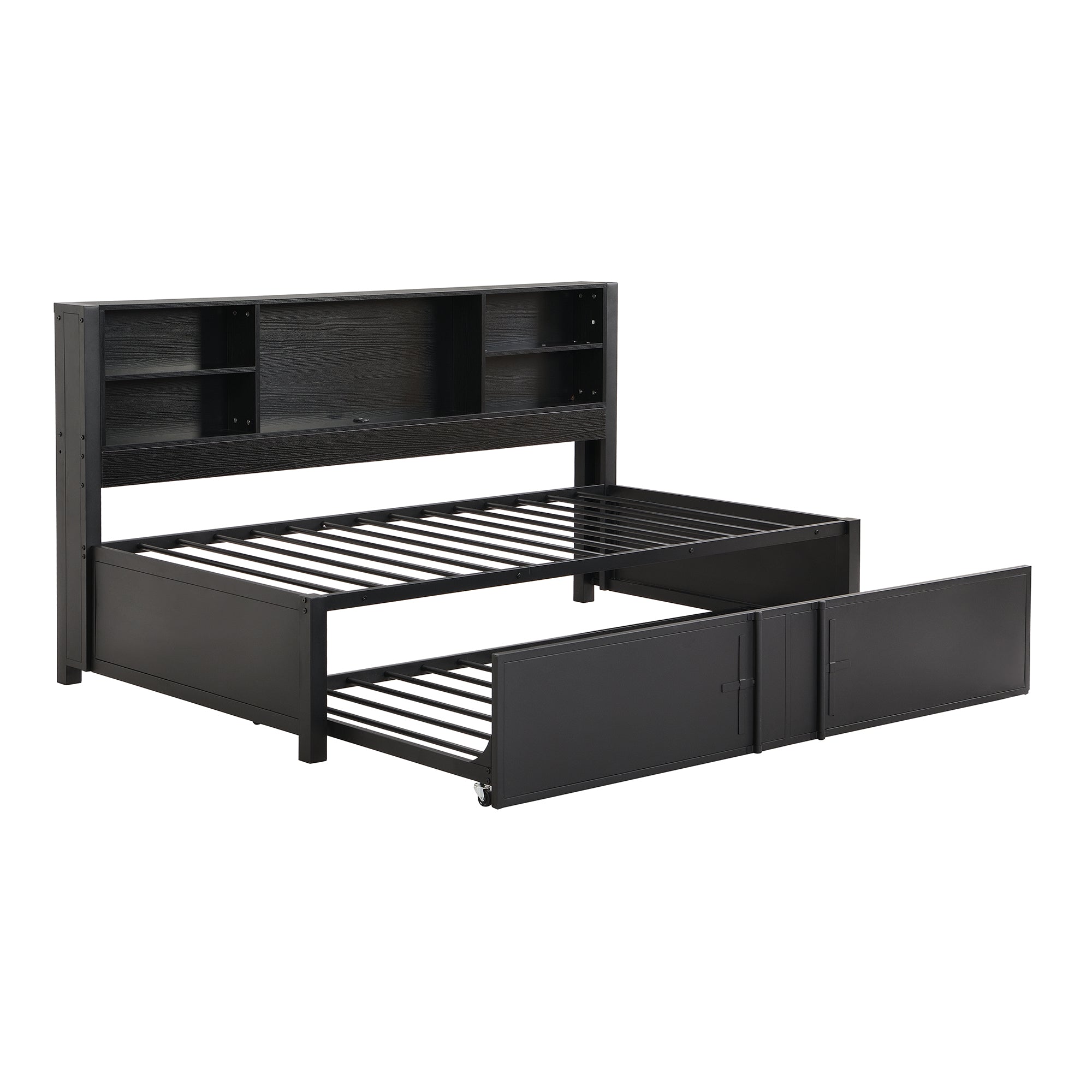 Metal Twin Size Daybed with Twin Size Trundle  Storage Shelves and USB Ports  Black