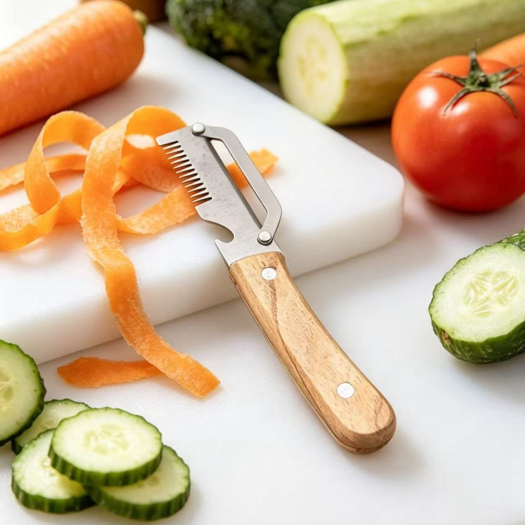 Kitchen Multi-functional Onion and Vegetable Slicer with Wooden Handle, Bottle Opener, Fruit Cutter, Peeler &ndash; 2-in-1 Household Knife Tool
