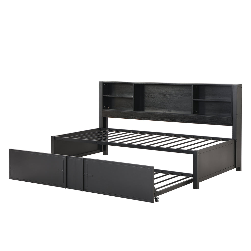 Metal Twin Size Daybed with Twin Size Trundle  Storage Shelves and USB Ports  Black