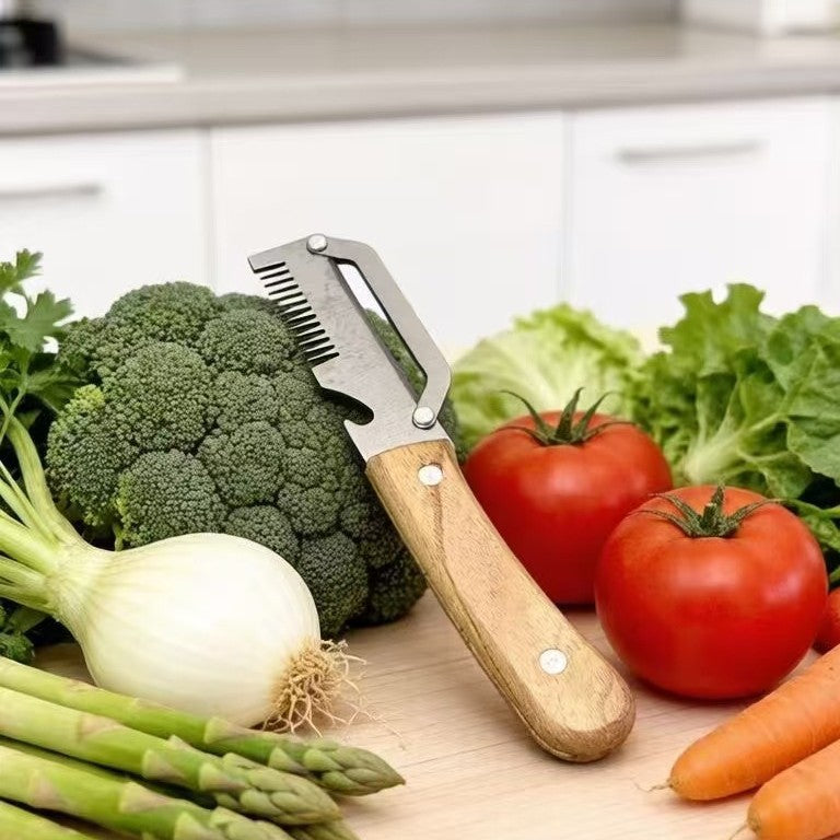 Kitchen Multi-functional Onion and Vegetable Slicer with Wooden Handle, Bottle Opener, Fruit Cutter, Peeler &ndash; 2-in-1 Household Knife Tool