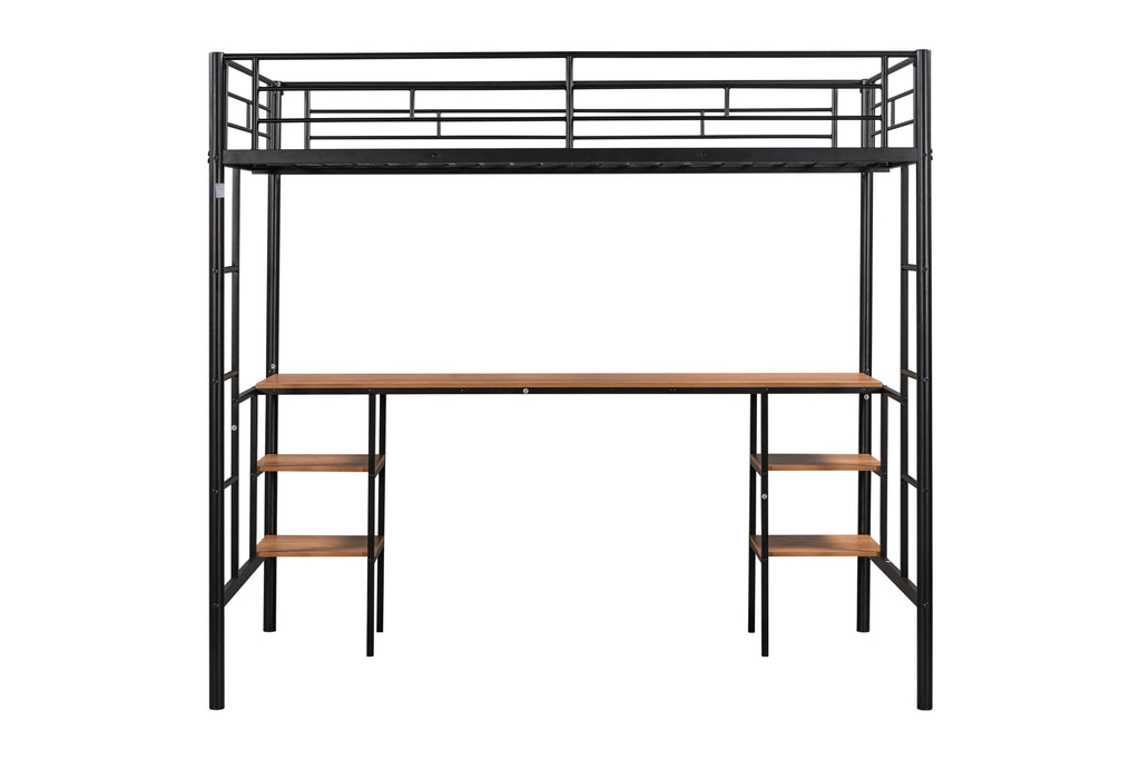 Twin loft bed with table and shelf/Heavy duty sturdy metal/Built in table and shelf/Noise reduction/Safety fence