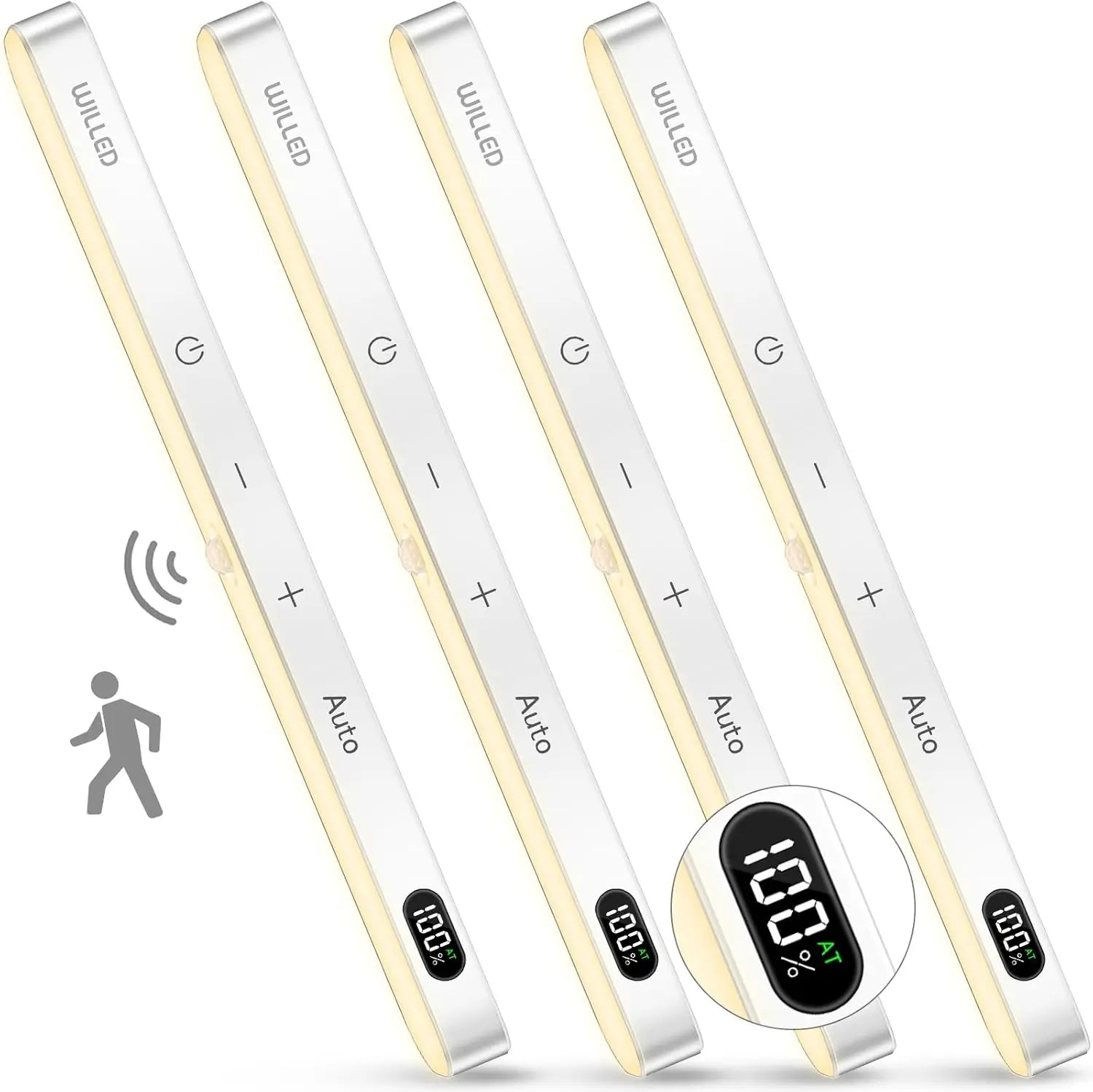 WILLED Warm Light Motion Sensor Cabinet Light Battery Display 60 LED Touch Light Bar Wireless Rechargeable Battery Night Light